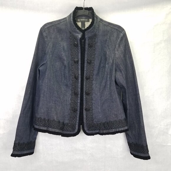 I.N.C. Jean Jacket Women's L Lace Velvet Beaded Button Hook Closure Denim VTG - Picture 1 of 16